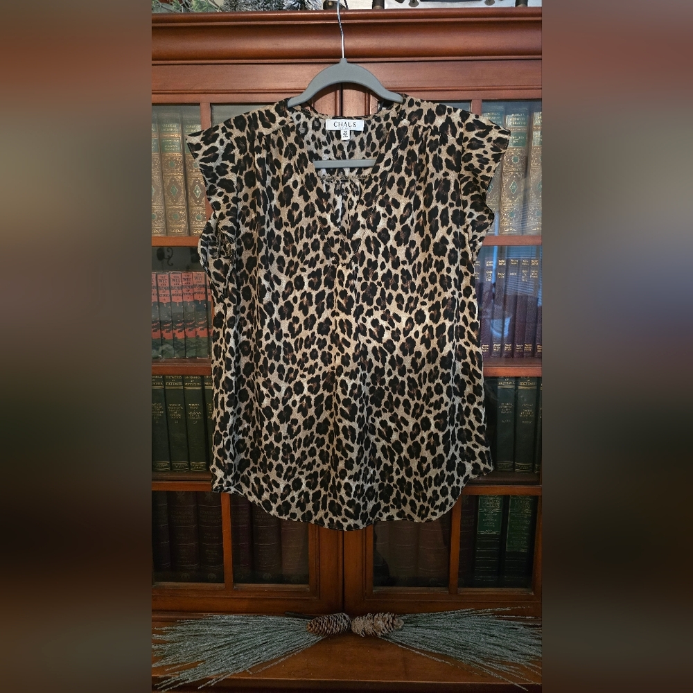 Chaus Animal Print Flutter Cap Sleeves Top